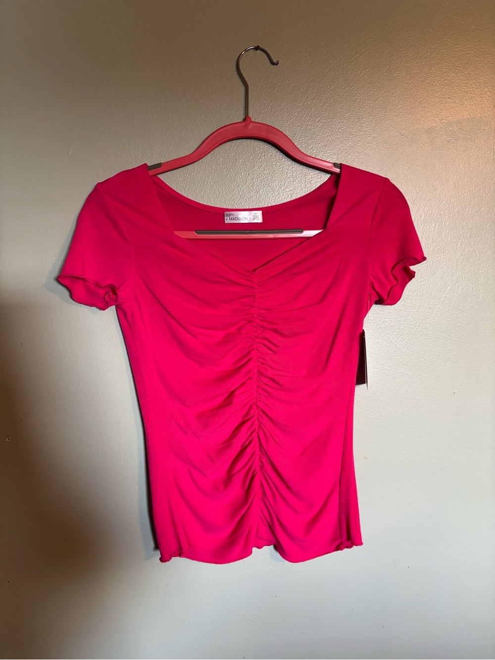 89th + Madison Hot Pink Ruched Scoop Neck Short Sleeve Top